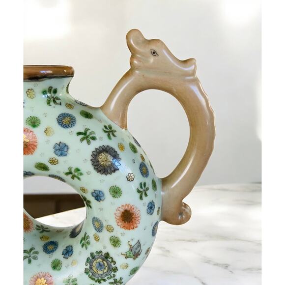 Vintage Chinese Donut Shaped Blue Floral Butterfly Porcelain Tea Pot with Dragon - Picture 11 of 16